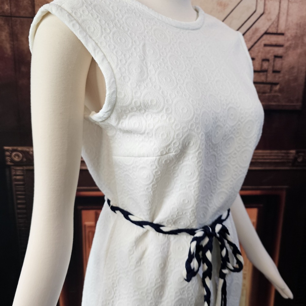 Vintage 1960's Dress Shift White Blue White Braided Belt Sleeveless Retro Pinup - Picture 3 of 13
